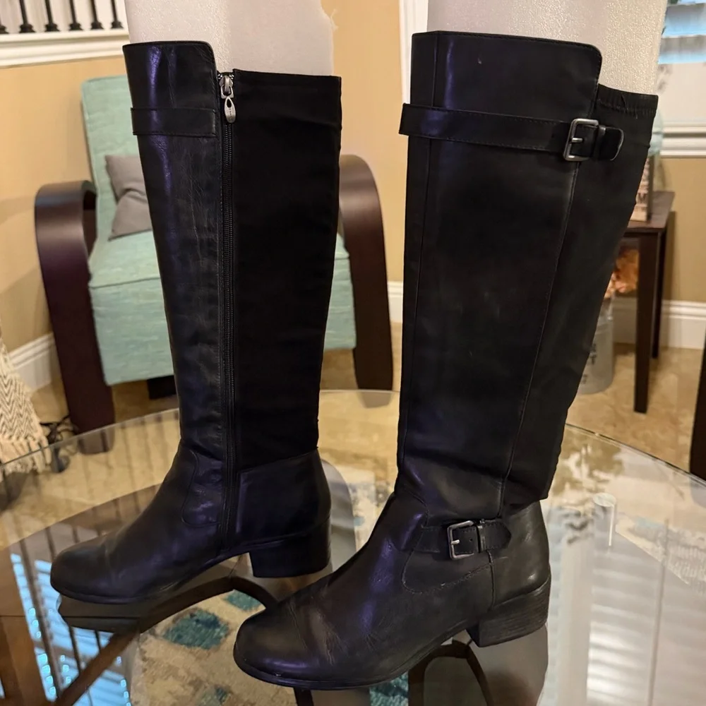 Tahari Kent Leather Tall Black Buckle Riding Equestrian Boots‎ size 8.5